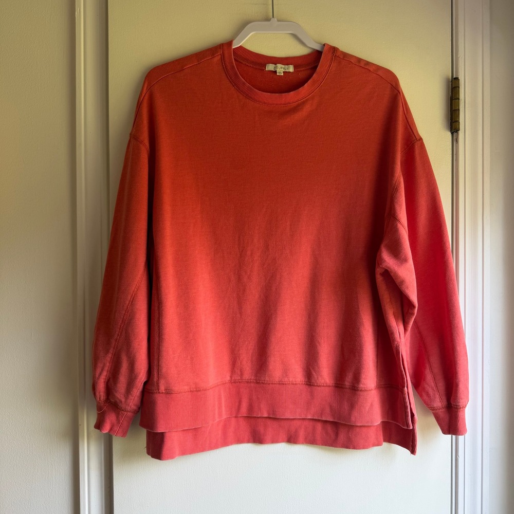 Z Supply Womens XS Coral Orange Crewneck Sweatshirt High Low Side Slit ZT203706